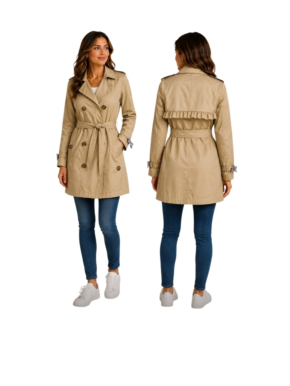 Crown & Ivy Khaki Tan Double Breasted Trench Coat Size Small Ruffle Back